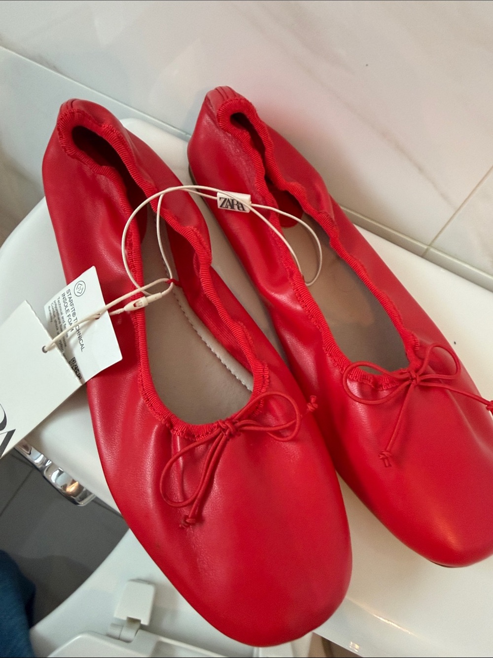 ZARA Red Leather Ballet Flats with Bow Trim